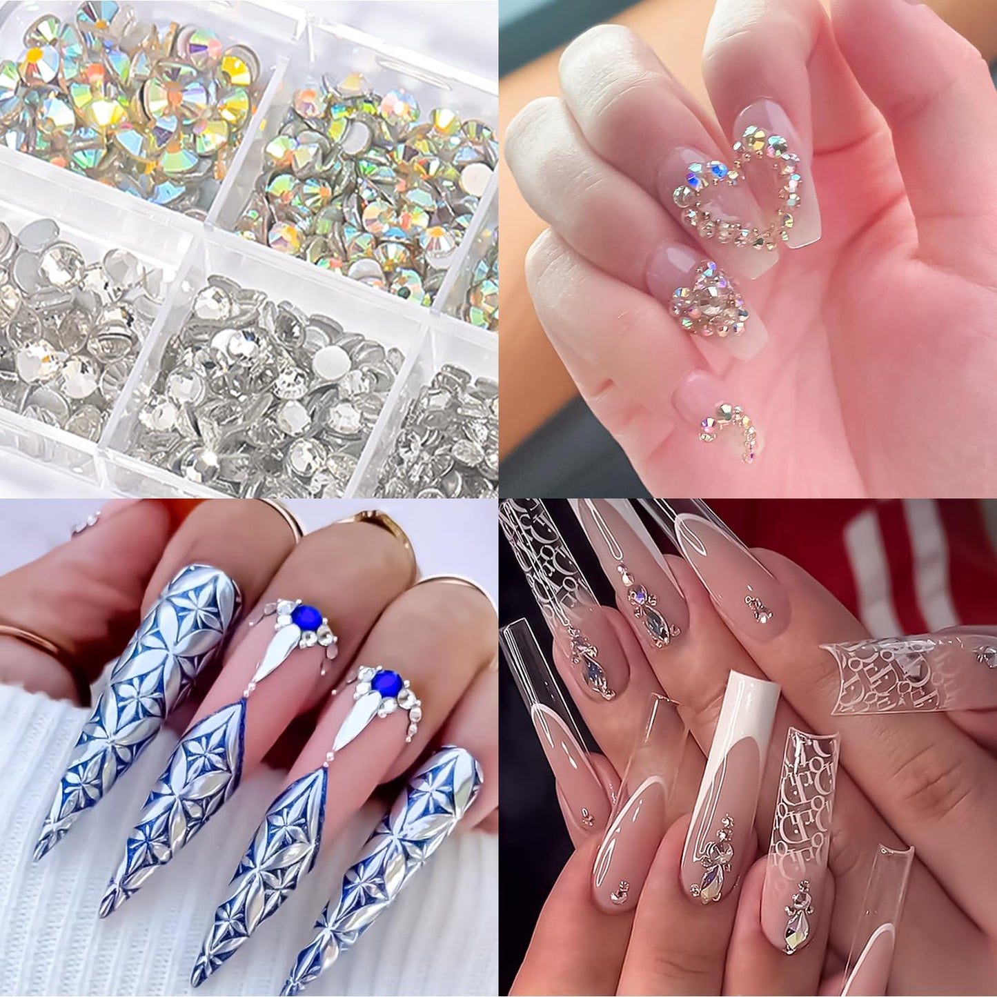 DZHILHMX Nail Rhinestones Pearls - Nail Charms for Acrylics, Flatback, Half Rounds, 4 Boxes, Crystals Gems, with Kit, for DIY Nail Art Decor