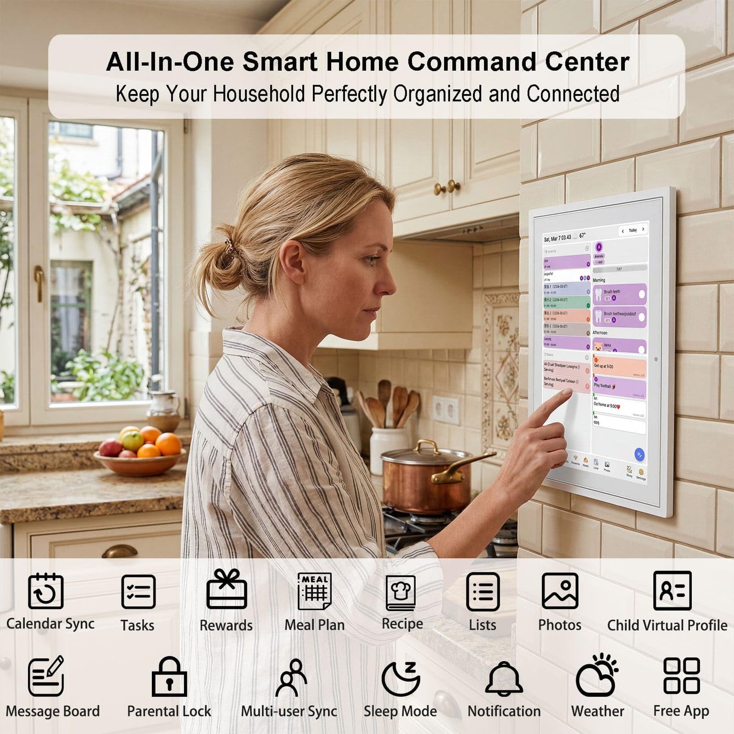 Digital Calendar with Touch Screen - 10.1 Inch Wall-mounted Smart Electronic Planner with Third-Party Calendar Sync, Chore Tracker, Meal Plan & Photo Display, Gifs for Mom