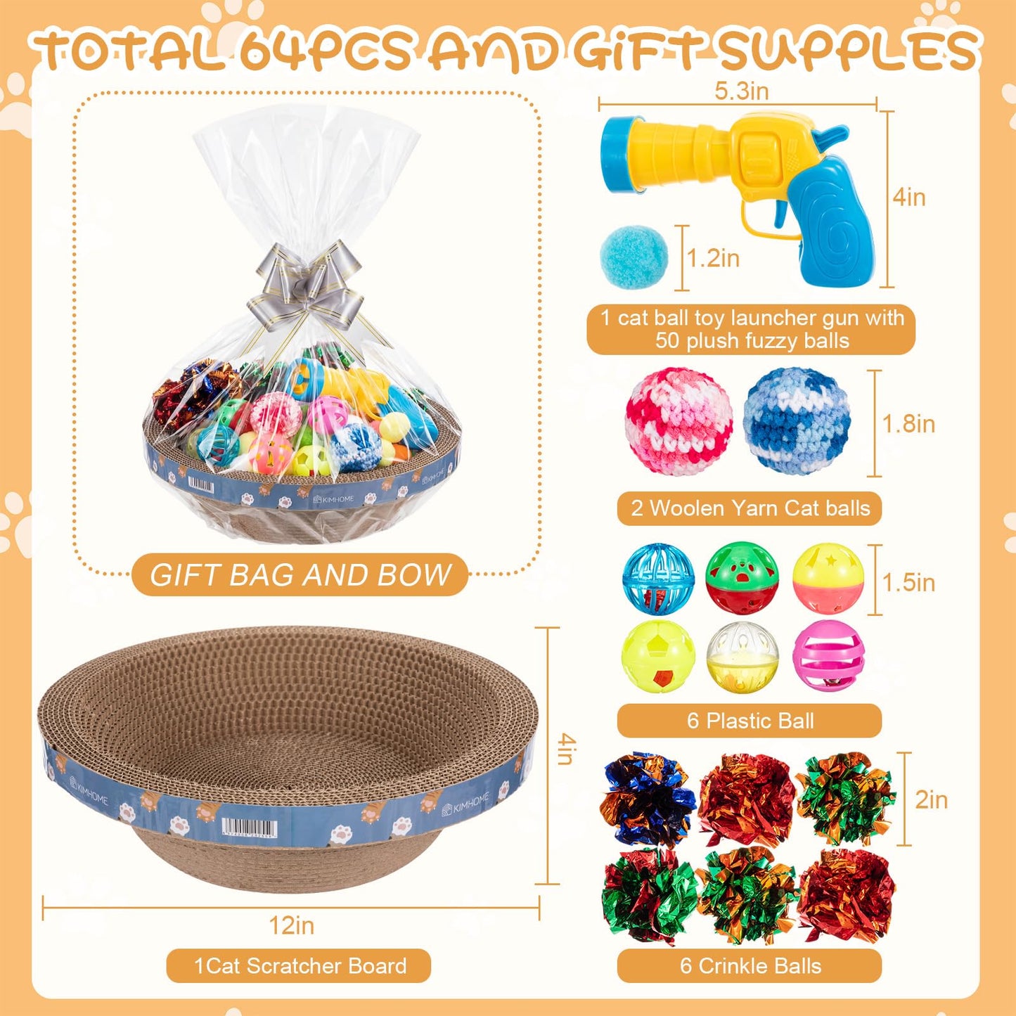 Zopeal 64 Pcs Easter Cat Toy Gift Set Magic Cat Scratcher Board Ball Launcher Gun Crinkle and Yarn and Plastic Bell Ball Kitten Toy with Bow for Pet Interactive Engaging Gift(Bowl Shape)