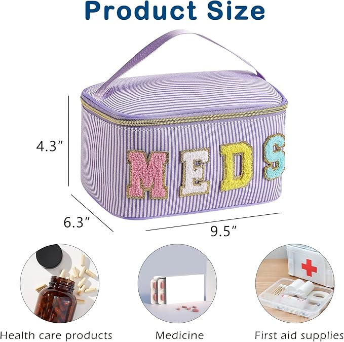 Chenille Letter MEDS Makeup Bag,Large Size Striped Medicine RX Cosmetic Bag with Top Handle, Aesthetic Seersucker First Aid Travel Organizer Bag for Women Girls(03Purple)