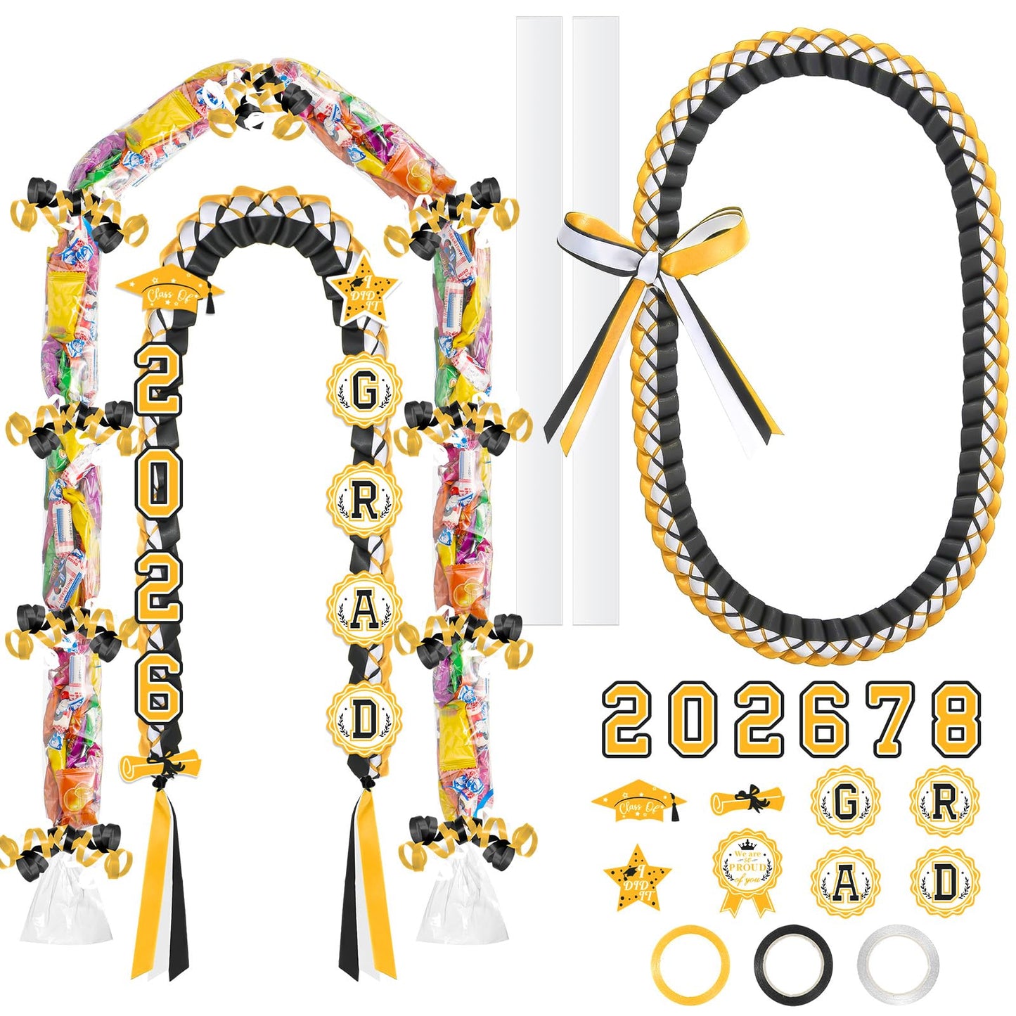 JenPen Graduation Ribbon Lei 2026 Candy Money Lei Kit with Card Double Braided Leis Class of 2026 Grad Gift for Party(Black,White,Gold)
