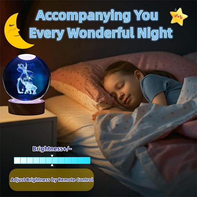 3D Elephant Crystal Ball Lamp,Lifelike Elephant Night Light,16 Colors Changing Light,Dimmable Remote Control,Elephant Lamp Gift (J)