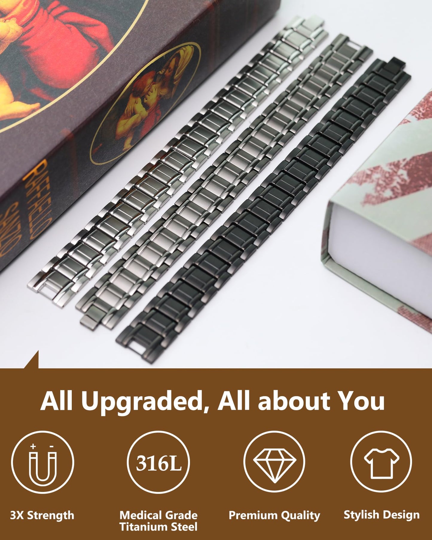 Feraco 3X Magnetic Bracelets for Men Titanium Steel Magnetic Bracelet with 3 Rows Magnets (Black)