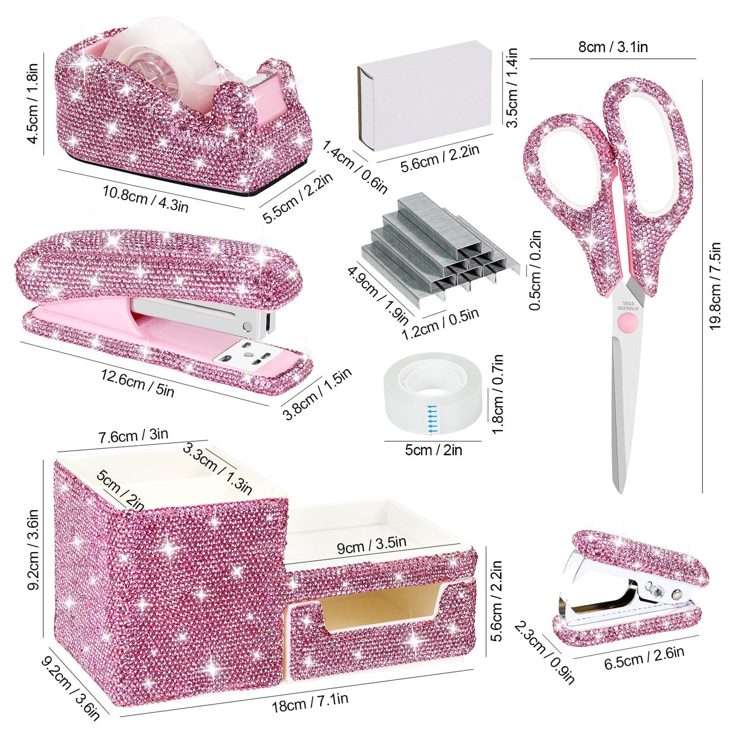 MultiBey 7 Pcs Pink Bling Rhinestone Desk Accessories Set, Crystal Office Stationery Kit with Stapler, Tape Dispenser, Scissors, Drawer Organizer - Glamorous Gift for Home School Office Supplies