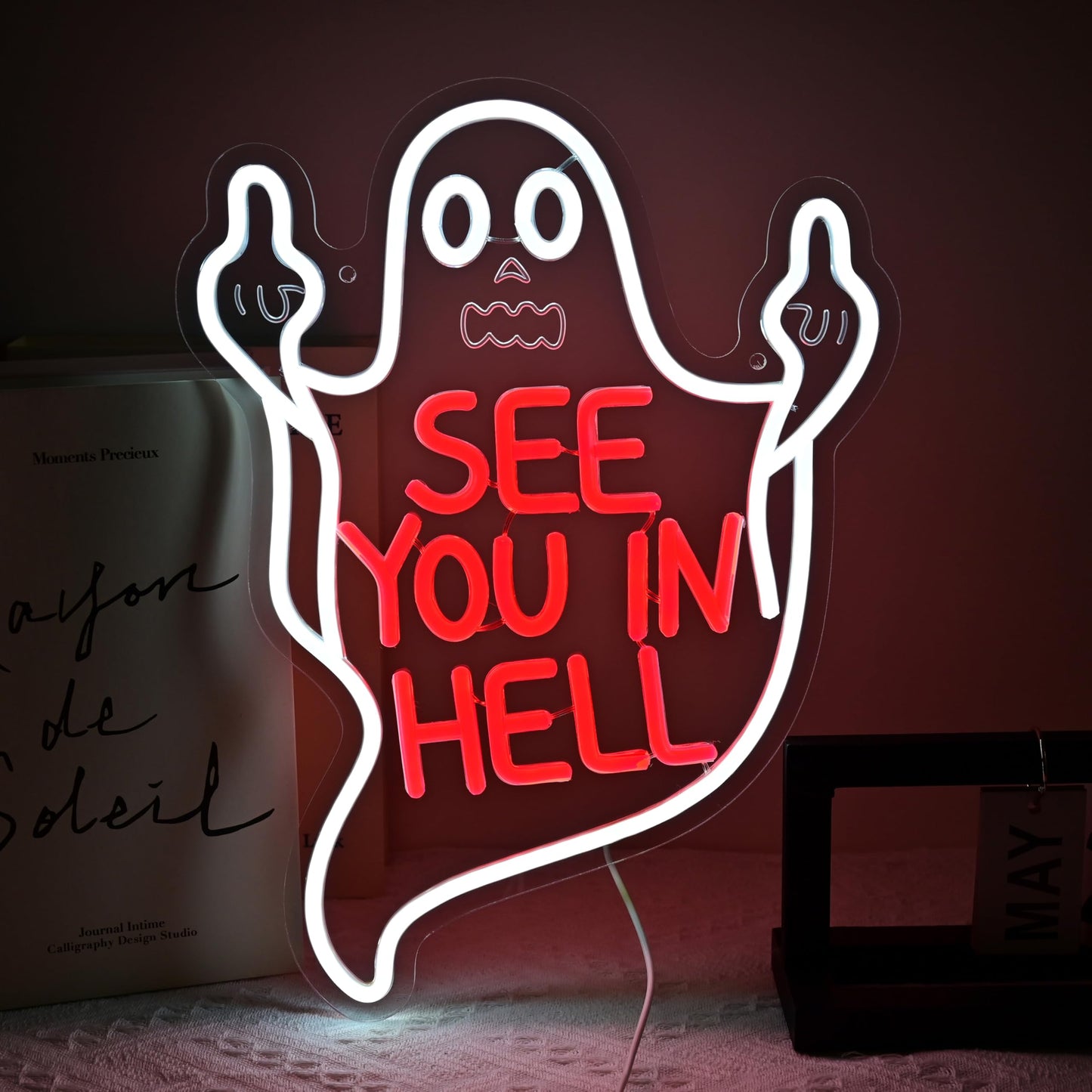 See You In Hell Neon Sign, Spooky Middle Finger Dimmable LED Sign for Wall Decor, Man Cave, Beer Bar, Home Bedroom Decoration