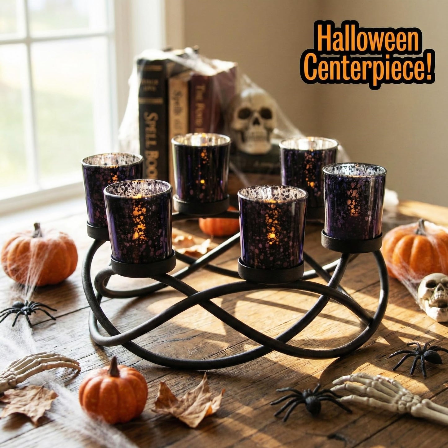Seraphic Halloween Candle Holder Centerpiece Decoration – Black Metal Iron 6-Cup Votive Tealight Holder for Spooky Table Gothic Decor, Kitchen & Dining Room, Coffee Tables