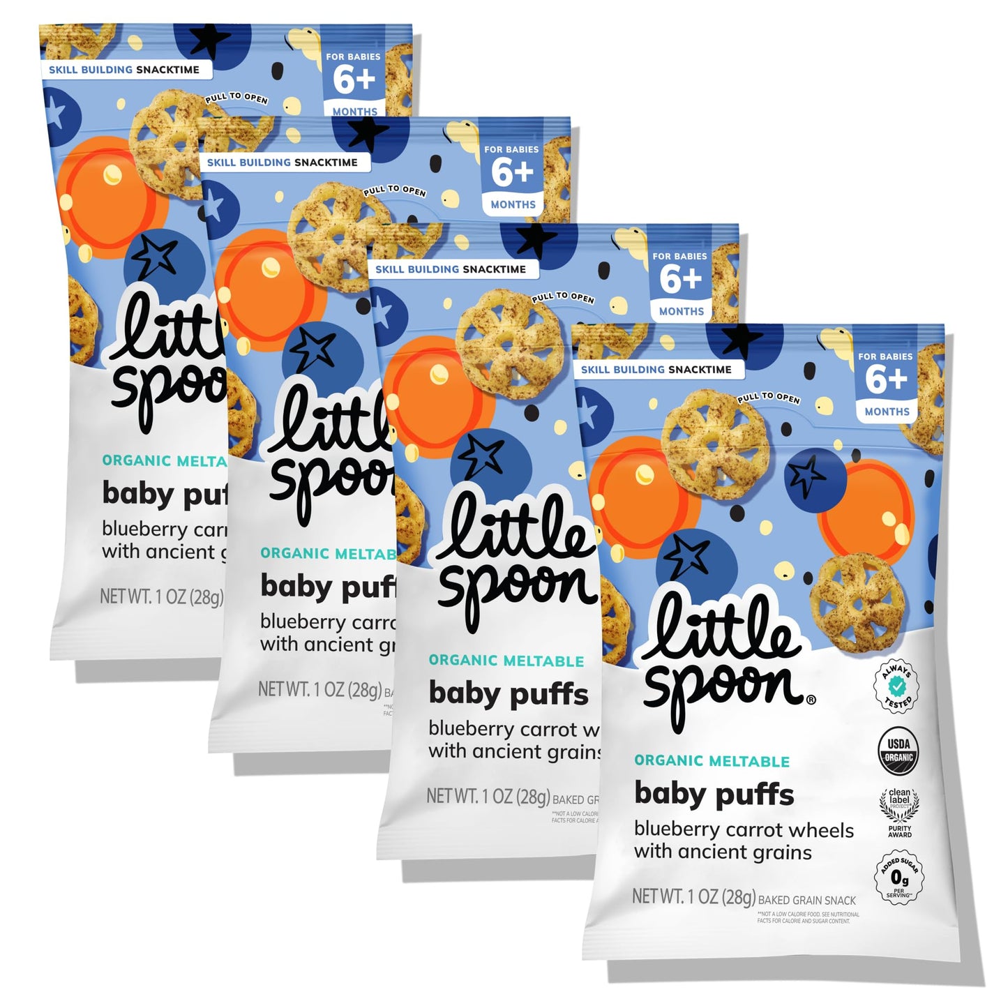 Little Spoon Blueberry Carrot Meltable Baby Wheels, Organic Corn, Quinoa & Sorghum, No Added Sugar Snacks, Encourages Self-Feeding, 1 Oz Bag, 4 Pack