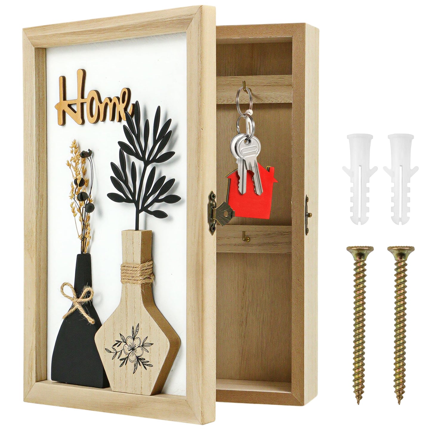 Hidden Key Holder for Wall - Wooden Key Box Wall Mount Decorative Cabinet with 6 Hooks, Rustic Beige Wood Keychain Organizer, Access Card Hangers Rack Storage for Home Entryway Hallway Office Decor