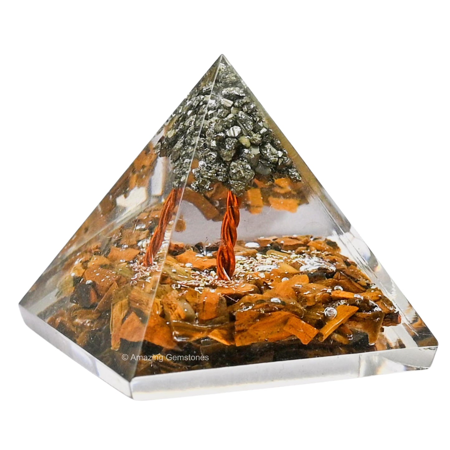 Amazing Gemstone Tiger Eye with Pyrite Tree Orgone Pyramid - 30mm Small Orgonite Pyramids with Crystals and Healing Stones - Authentic Organite Gifts