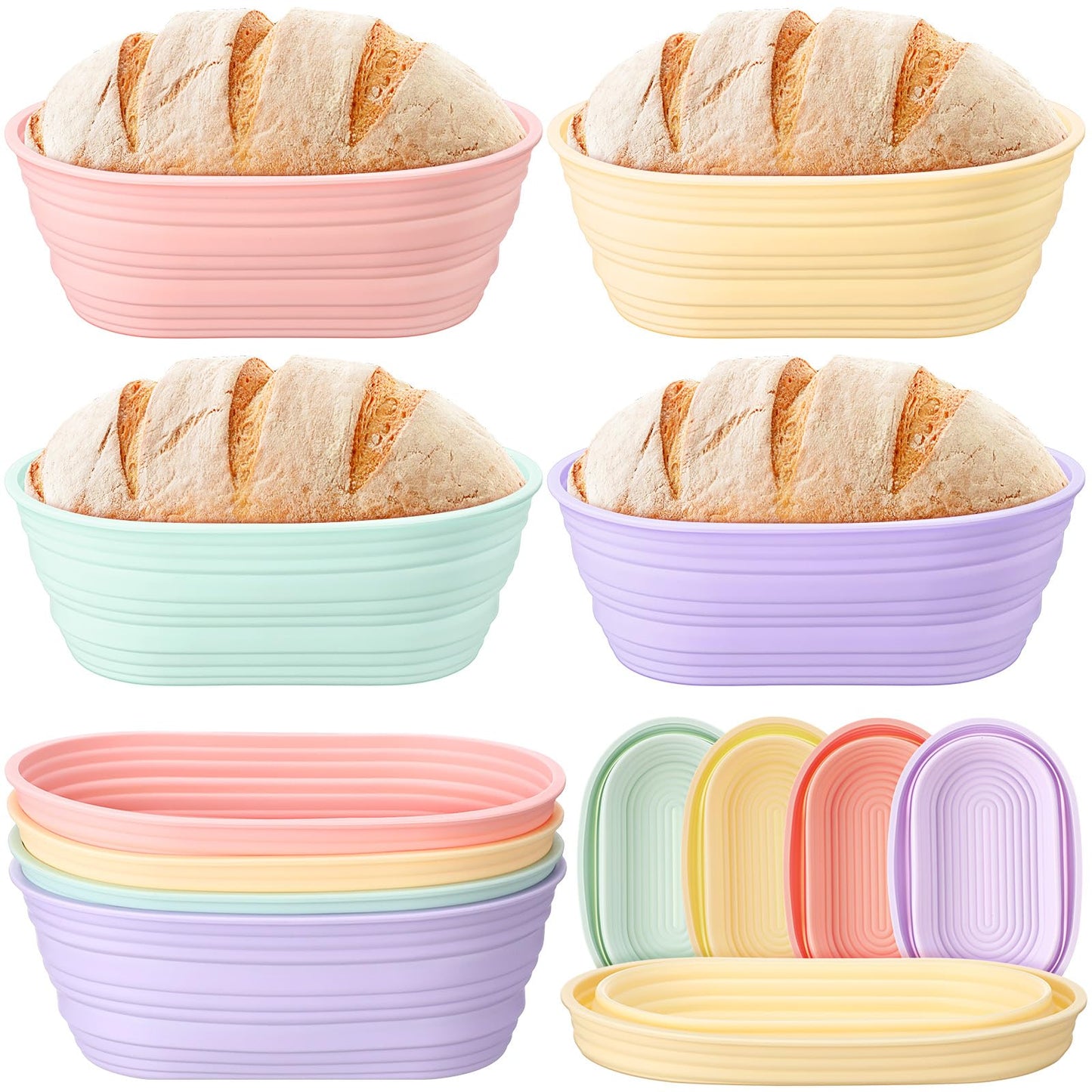 Honeydak 4 Pcs Silicone Bread Proofing Baskets Oval Banneton Basket 10" Collapsible Sourdough Bread Baking Supplies Non-stick Dough Proofing Bowls Container Oven Safe for Breads Making (Vibrant Color)