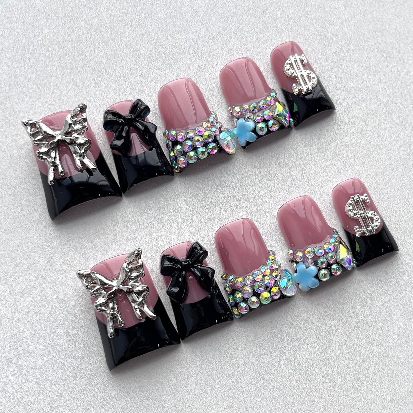 French Tip Press on Nails Handmade Short Duck 3D Flower Thick Acrylic Nails Black False Nails with Bow Rhinestones Butterfly Designs Cool Glossy Fake Nail Sturdy Art Press on Nail 10Pcs(M)