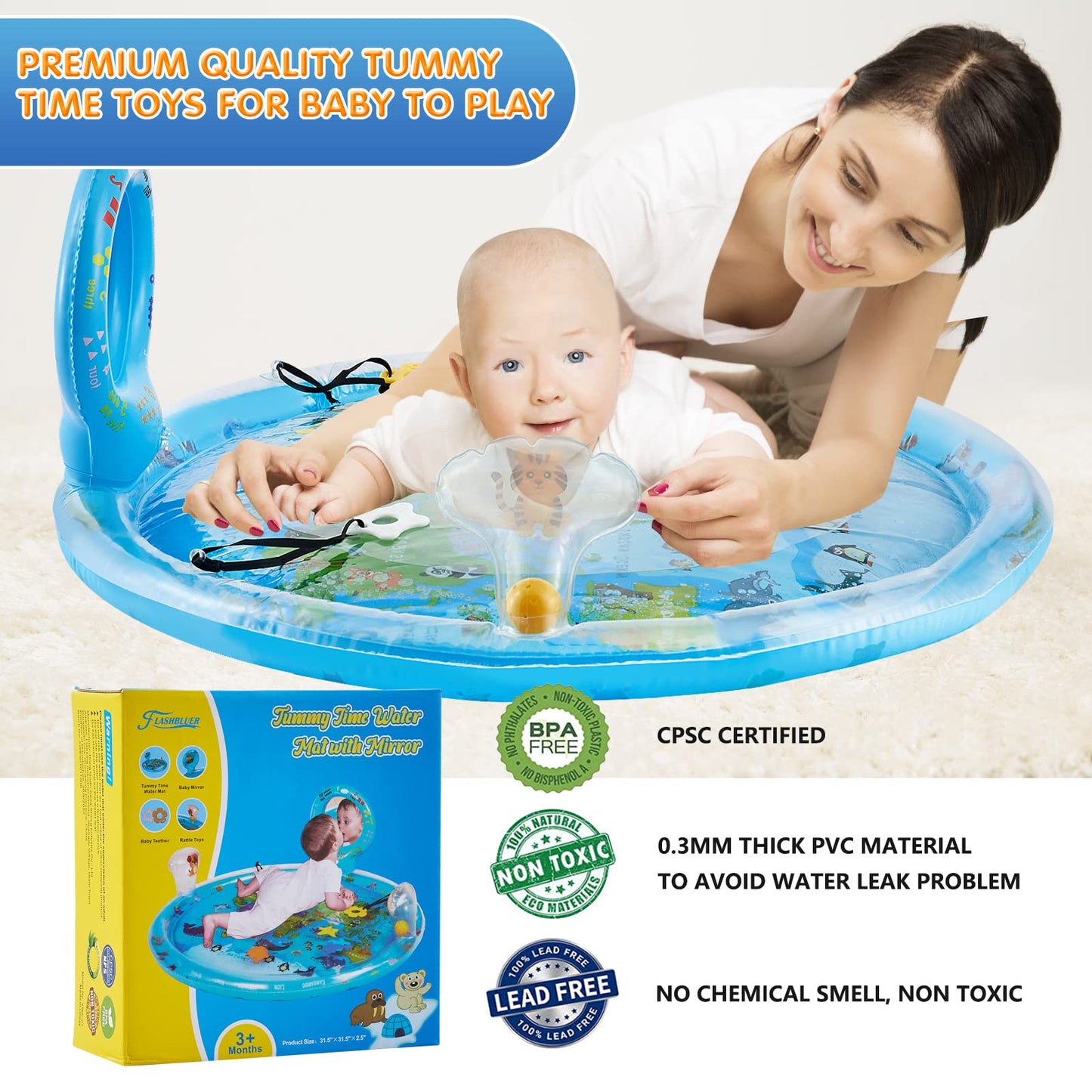 Tummy Time Mat Extra Large 31.5"×31.5" for 3-12 Months Baby, Inflatable Water Playmat with Mirror, Teethers, Rattles & Squeaker, Sensory Activity Center for Motor Development, Visual Stimulation