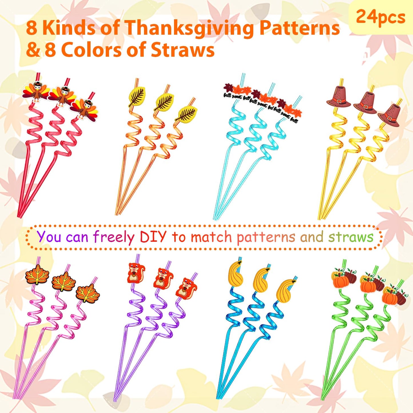 Thanksgiving Decorations for Party 24pcs Reusable Drinking Straws Thanksgiving Party Favors Turkey Straws for Fall Maple Leaf Autumn Party Supplies