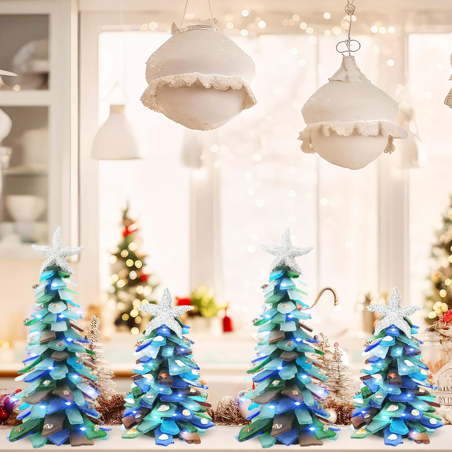 Innconee 2 Pack DIY Sea Glass Christmas Tree Handmade Kit Tabletop Shells Beach Christmas Trees Handcrafted Coastal Xmas Decor for Ocean Birthday Party Table Centerpiece (9.45'' X 3.15'')