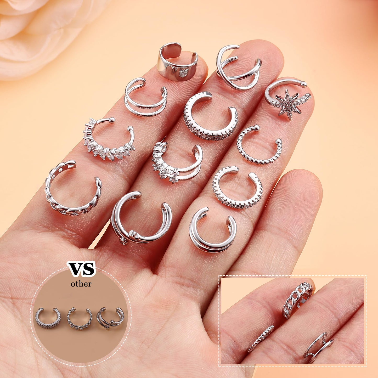 Dochais 9Pcs Ear Cuff 14K Gold Plated Cuff Earrings Gold Ear Cuffs Non Pierced Ear Clips Cartilage Earring Fake Earrings (12pcs-Silver)