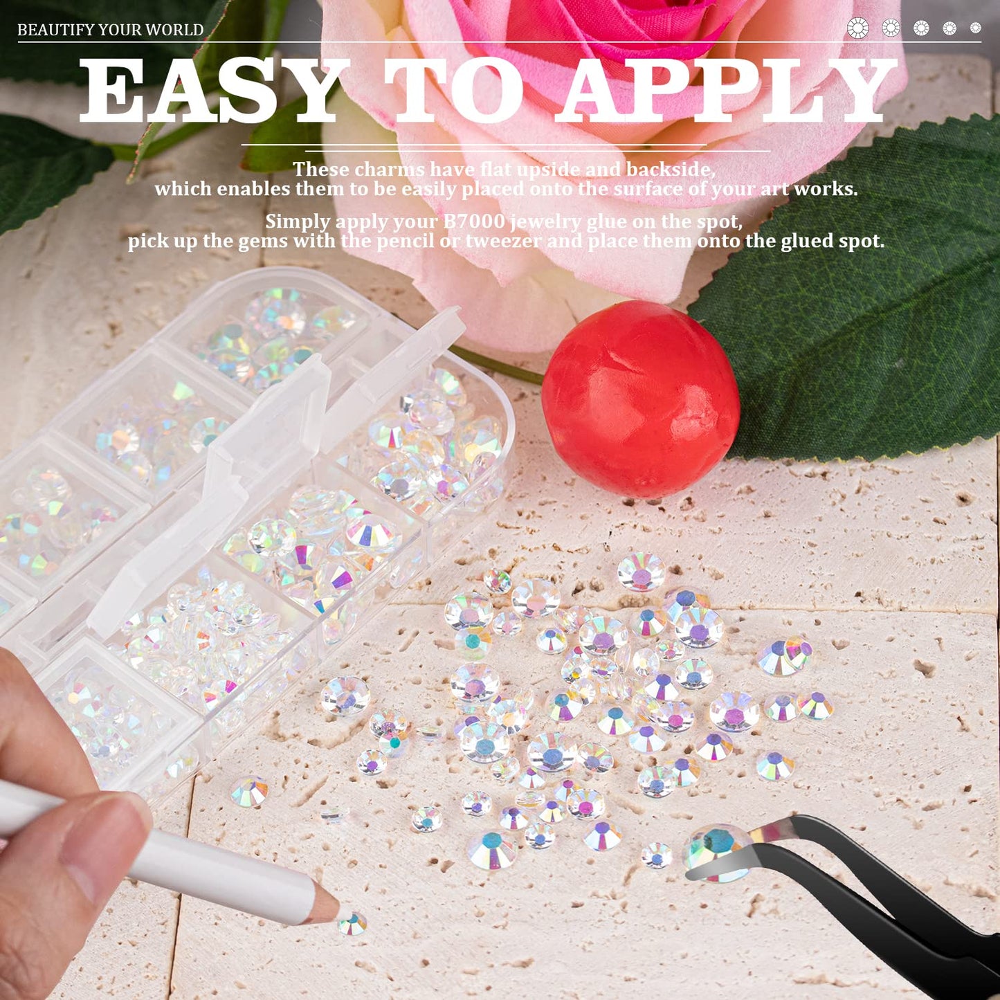 7000PCS Resin Rhinestones with Tweezers for Crafting, 2/3/4/5/6mm Flatback Jelly Rhinestones, 4 Box Transparent AB Non Hotfix Crystal Gems for DIY Crafts Mugs Tumblers Clothes Makeup Nail