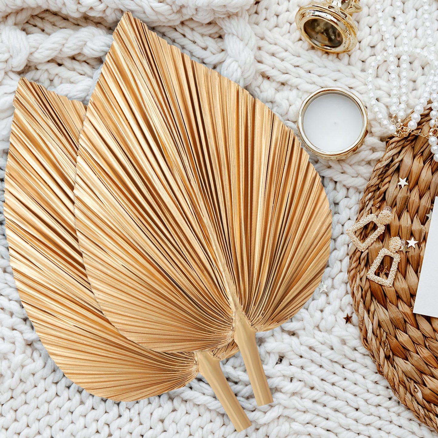 Ovveroche 4 Pcs Large Gold Dried Palm Leaves, Home Wedding Decor Natural Boho Dried Palm Fans with Stem,Tropical Palm Leaves Boho for Vase Baby Shower Anniversary
