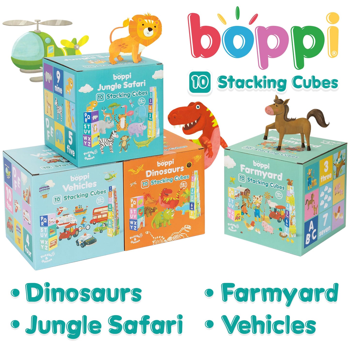 boppi Baby Stacking Blocks Vehicle Toys with Letters and Numbers, Montessori Cubes for Toddlers, Preschool Learning Toys