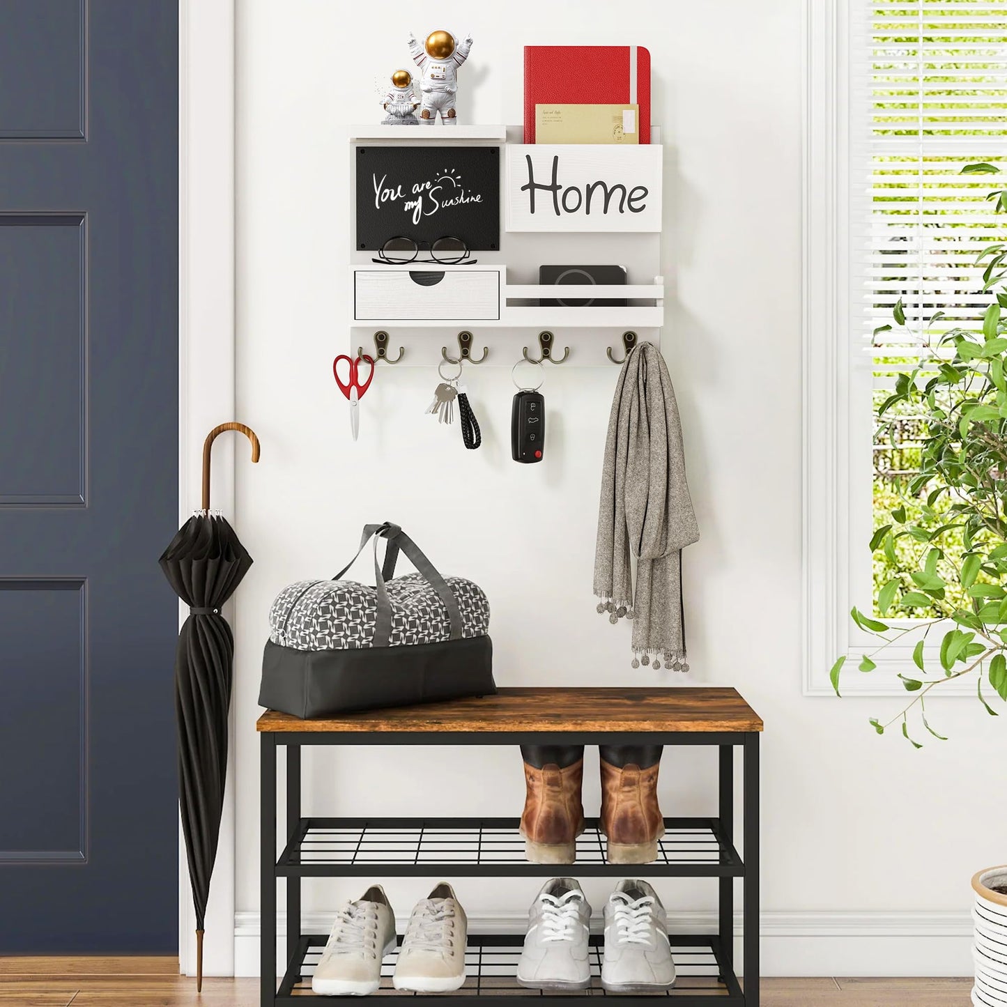 Farmhouse Key Holder for Wall with Mail Organizer - Easy Installation Wall Mount Organizer, Includes Chalkboard, Drawer, Wallet Holder & 4 Double Hooks, Ideal for Entryway, Quick Access - White