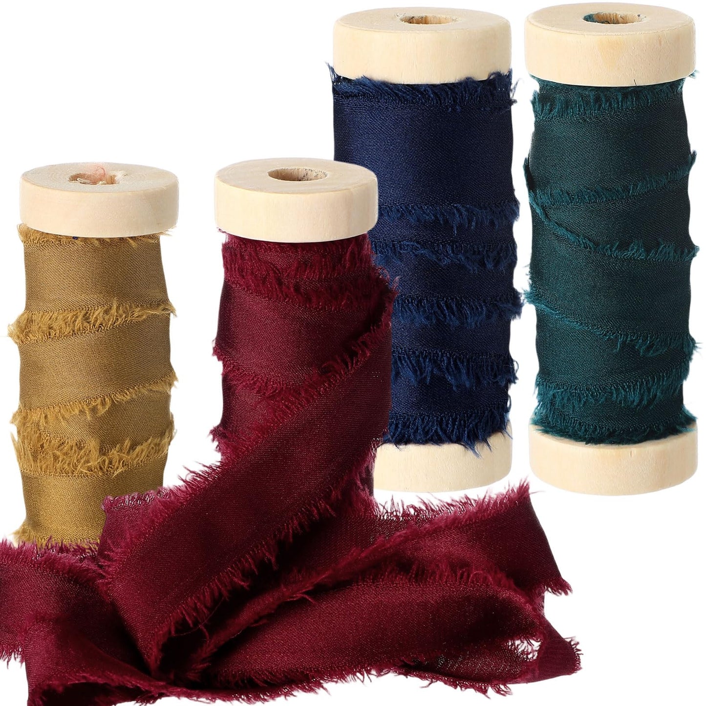 Mindsoft Frayed Chiffon Ribbon for Craft Silk Satin Ribbons 1/2-1/4 Inch x 20 Yard Handmade Fabric Strips with Wooden Spool for Valentines Day Wedding Gift Wrapping(Retro Colors)