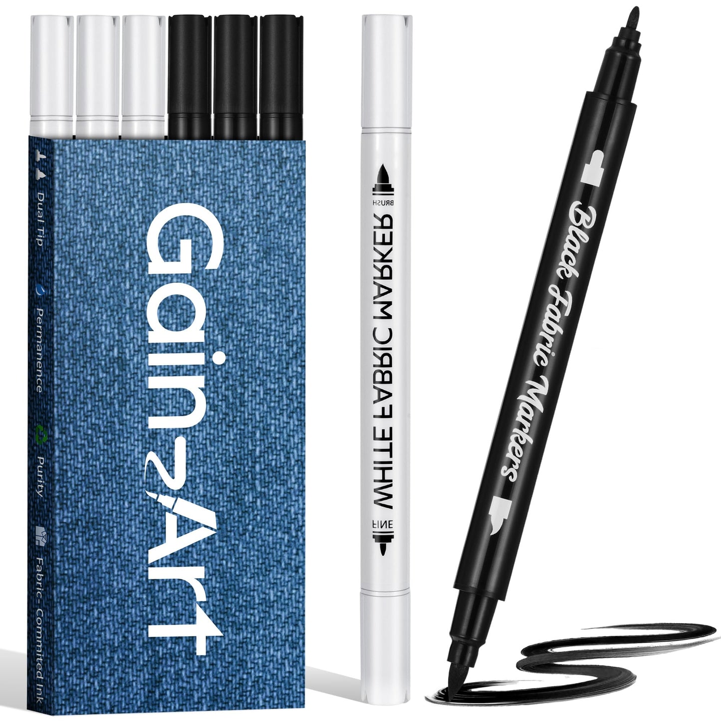 Gain-Art Fabric Marker for Clothes 6PCS, Wash-Resistant, No Bleed, Quick Dry Professional Dual Tip Pen, Permanent Paint for Clothing, Canvas Cover Stains, DIY Art Crafting White &Black