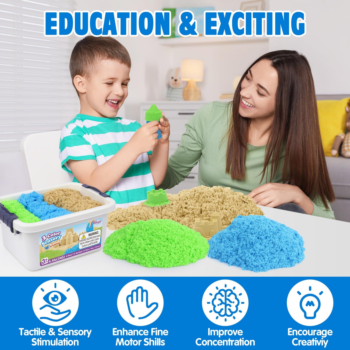 Billeeit 4.4 lbs Play Sand w/Storage Sandbox, 4-Pack(2 Yellow, 1 Blue, 1 Green) Sensory Bin Refill Sand for Shaping, Molding, Pressing, Scooping, Rolling, Self-Sticking Sand Sensory Toy for Kids 3+