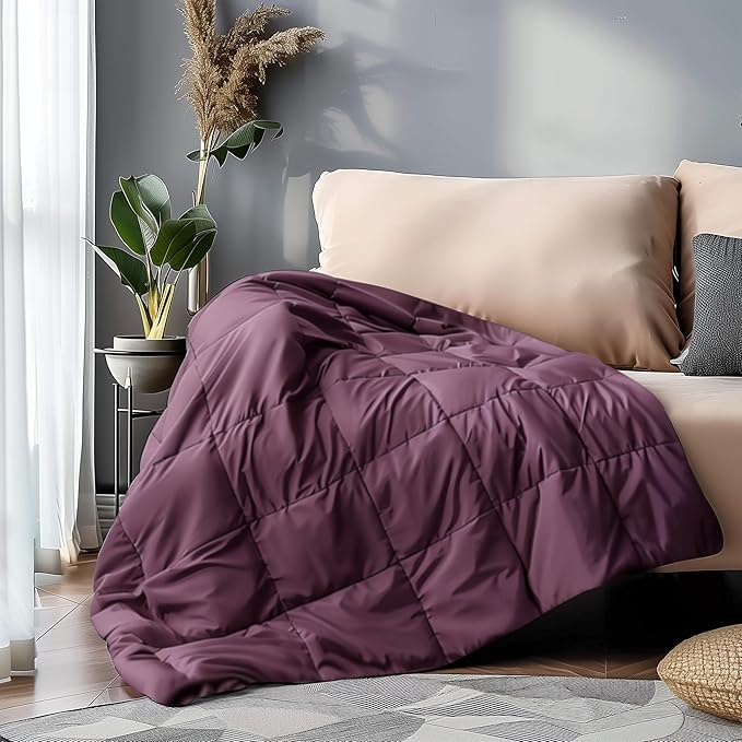 Serta Down Filled Throw Blanket, Packable Lightweight and Durable Blanket for Indoor,Office,Outdoor,Traveling, Hiking, Camping, 60" x 70" with Carrying Pouch (Plum)