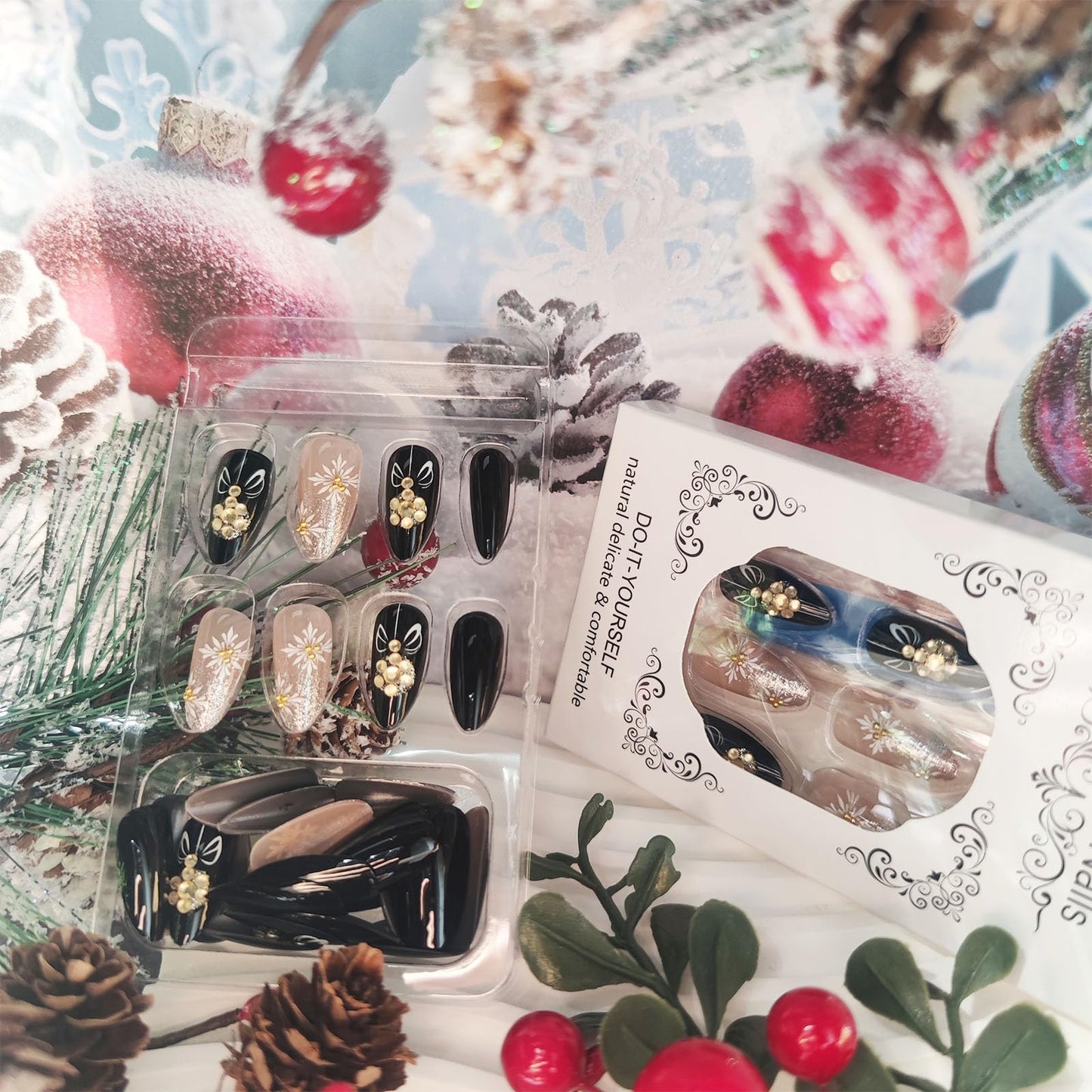 Snowflake Press on Nails Bell Stick on Fingernails Christmas Press ons Medium Almond Nail Glossy Silver Glitter False Nail 24Pcs Bow Tie Gel Glue on Acrylic Fake Nails for Holiday Women