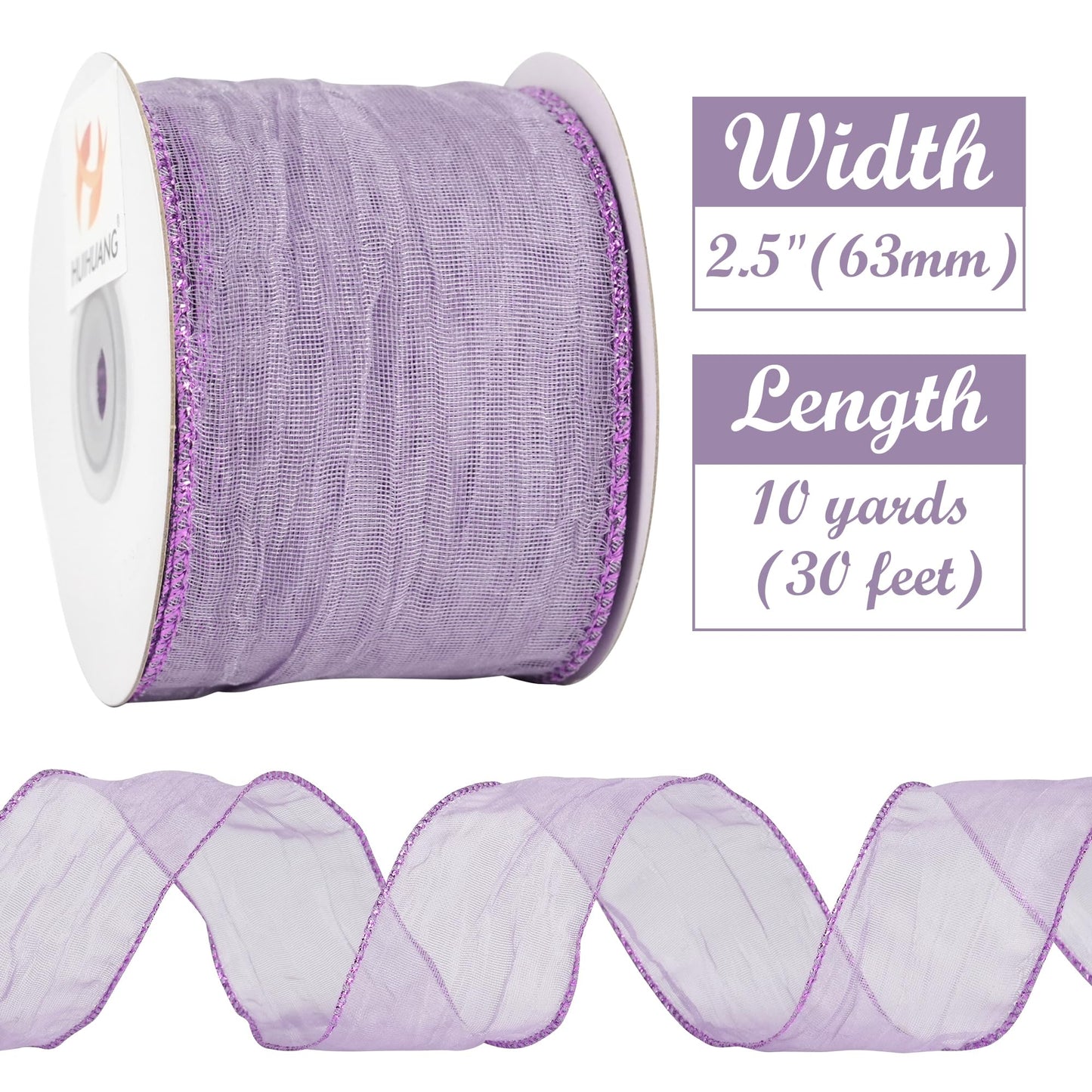 HUIHUANG Purple Crinkle Wired Ribbon 2.5 inch Metallic Crinkle Lavender Wreath Ribbon for Gift Wrapping Basket Bows Making DIY Crafts Home Decor - Continuous 10 Yards