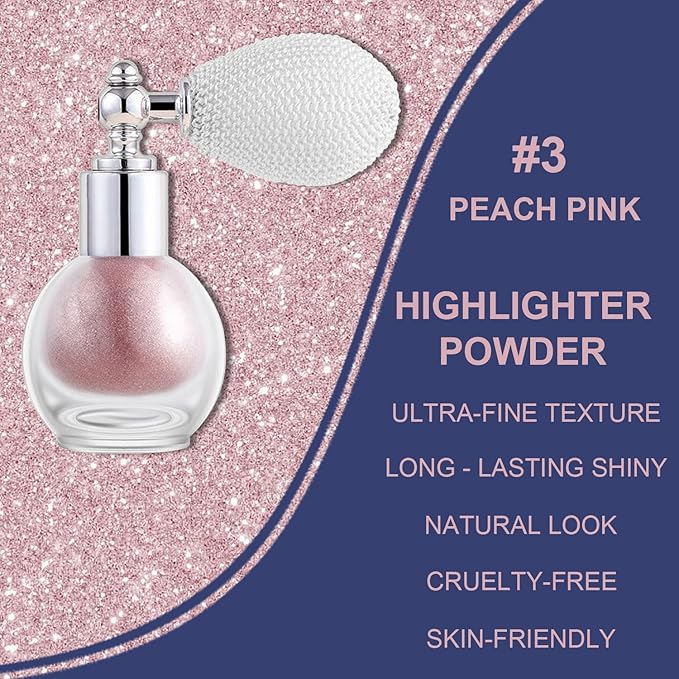 Peach Pink Highlighter Spray for Face and Body, Rich Color Loose Shimmer Powder Long Lasting Sparkly Spray High Gloss Makeup for Women Rave Festival Prom Stage Wedding Party, #3