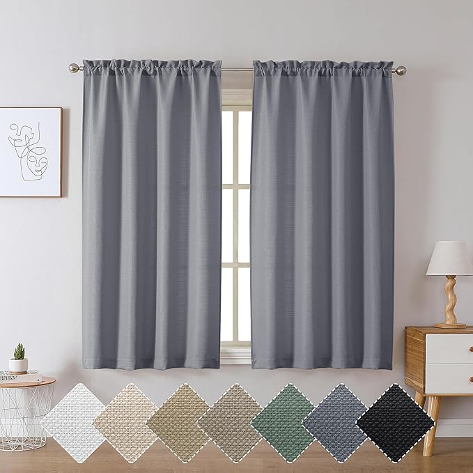 Chyhomenyc Dark Grey Curtains 54 Inch Length 2 Panels, Faux Linen Textured Semi Sheer Light Filtering Soft Airy Rod Pocket Window Treatment Drapes for Living Room Bedroom, Each 30" Wx54 L