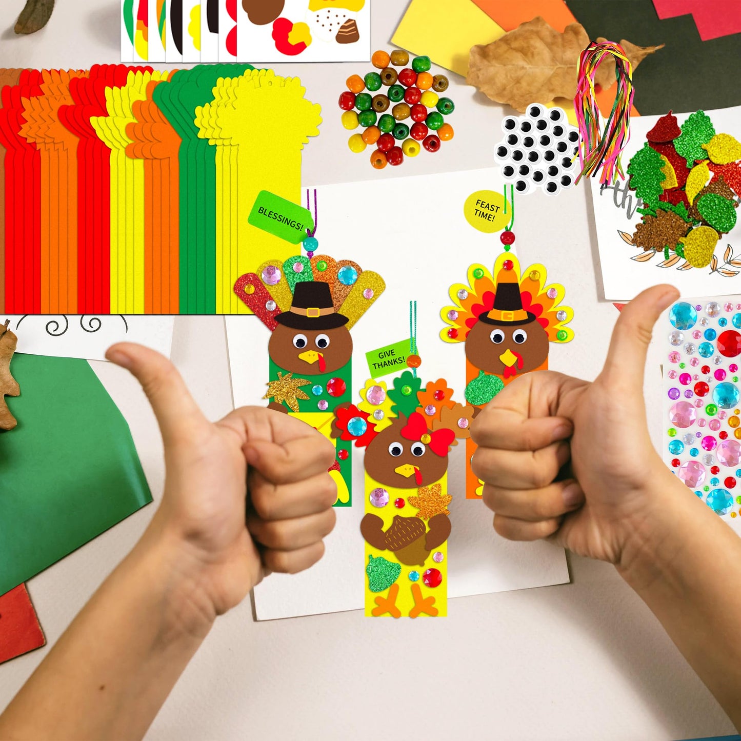 EUVBOKW 24 Sets Thanksgiving Turkey Craft Kits,Fall DIY Felt Bookmarks with Autumn Leaf Stickers Activities for Thanksgiving