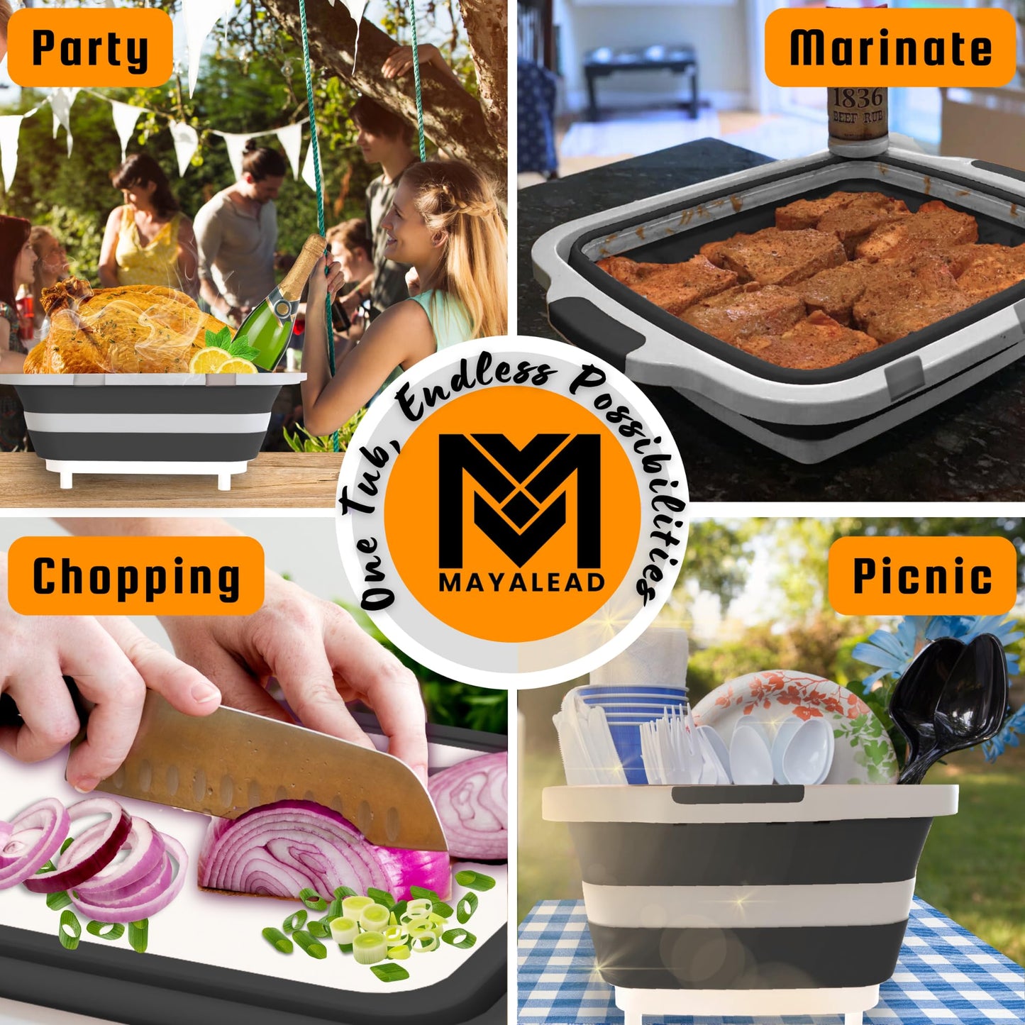 MAYALEAD BBQ Prep Tub with 2 Pcs Meat Shredder Claws, Collapsible Cutting Board, Cutting Board with Locking Lids, Drip Easy BBQ Prep Tub with lid-XL Size (Black)