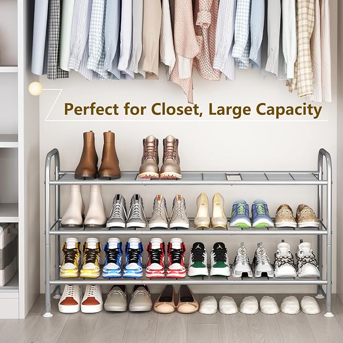 LINZINAR Shoe Rack 3 Tier Long Metal Shoe Organizer for Closet Entryway Grey