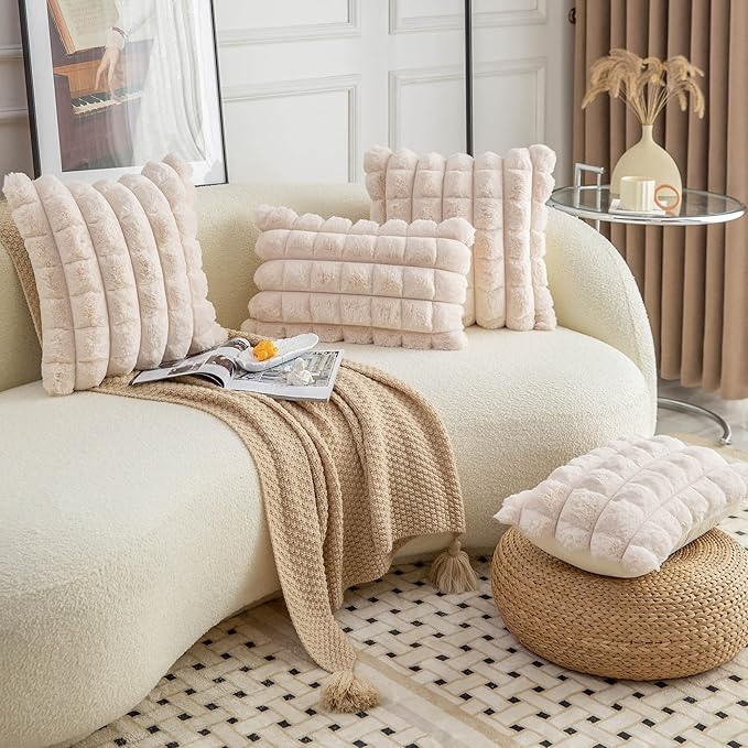 Neelvin Beige Faux Fur Cozy Soft Plaid Decorative Throw Pillow Covers 20x20 inch Set of 2,Velvet Pillowcase Cushion Case for Sofa Couch