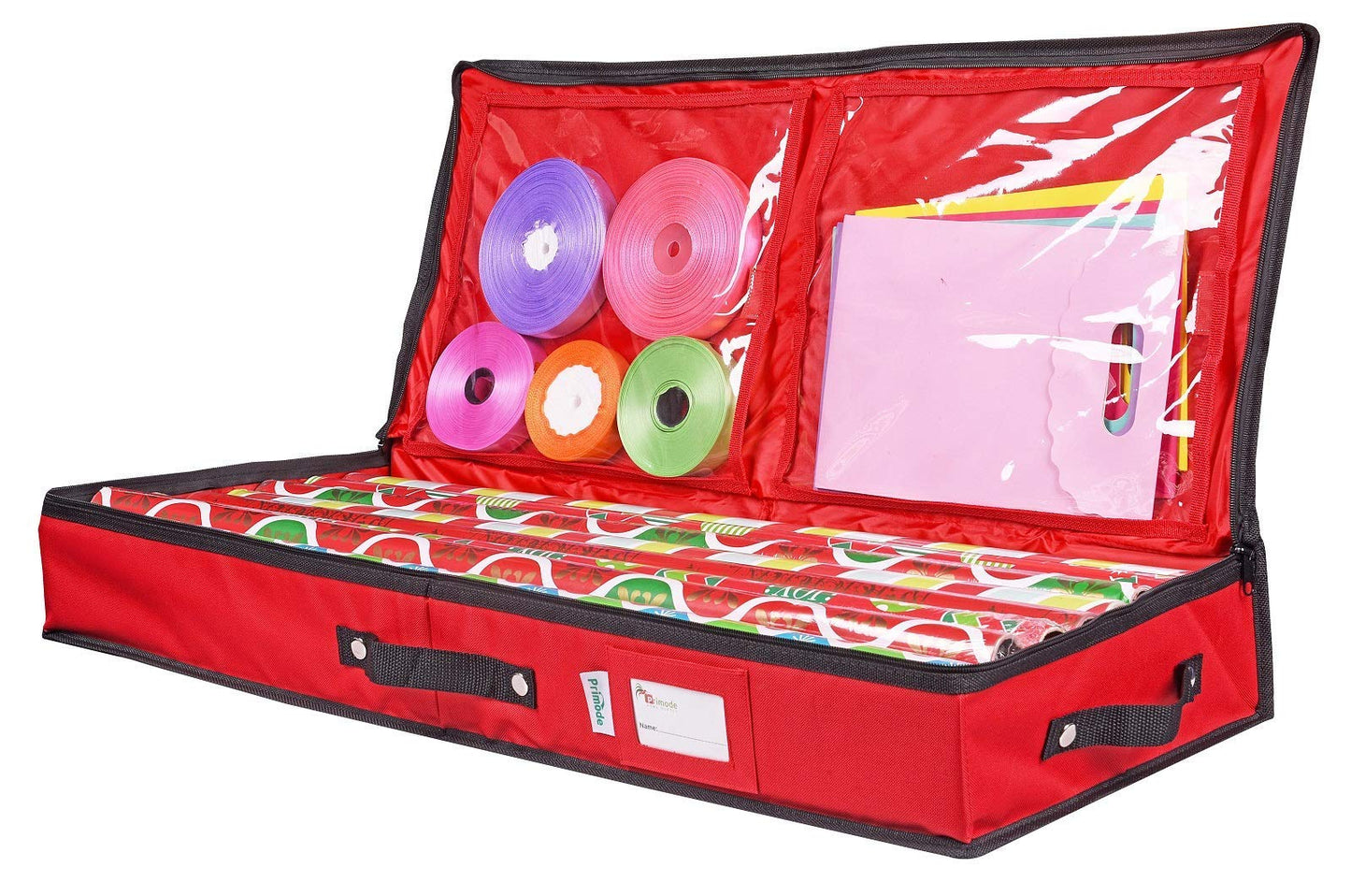 Primode Wrapping Paper Storage Container | Under Bed Gift Wrap Organizer for 30 Inch Rolls | 31”x13.5”x4.5” | 600D Oxford Material | Box Holder with Pockets for Ribbon, Bows, and Accessories (Red)