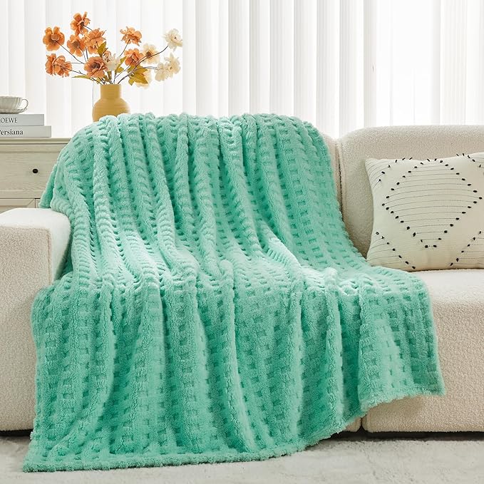 NEWCOSPLAY Super Soft Twin Blanket Aqua Premium Silky Flannel Fleece 3D Waffle Checkered Lightweight Bed Blanket All Season Use (Aqua, Twin(60"x80"))