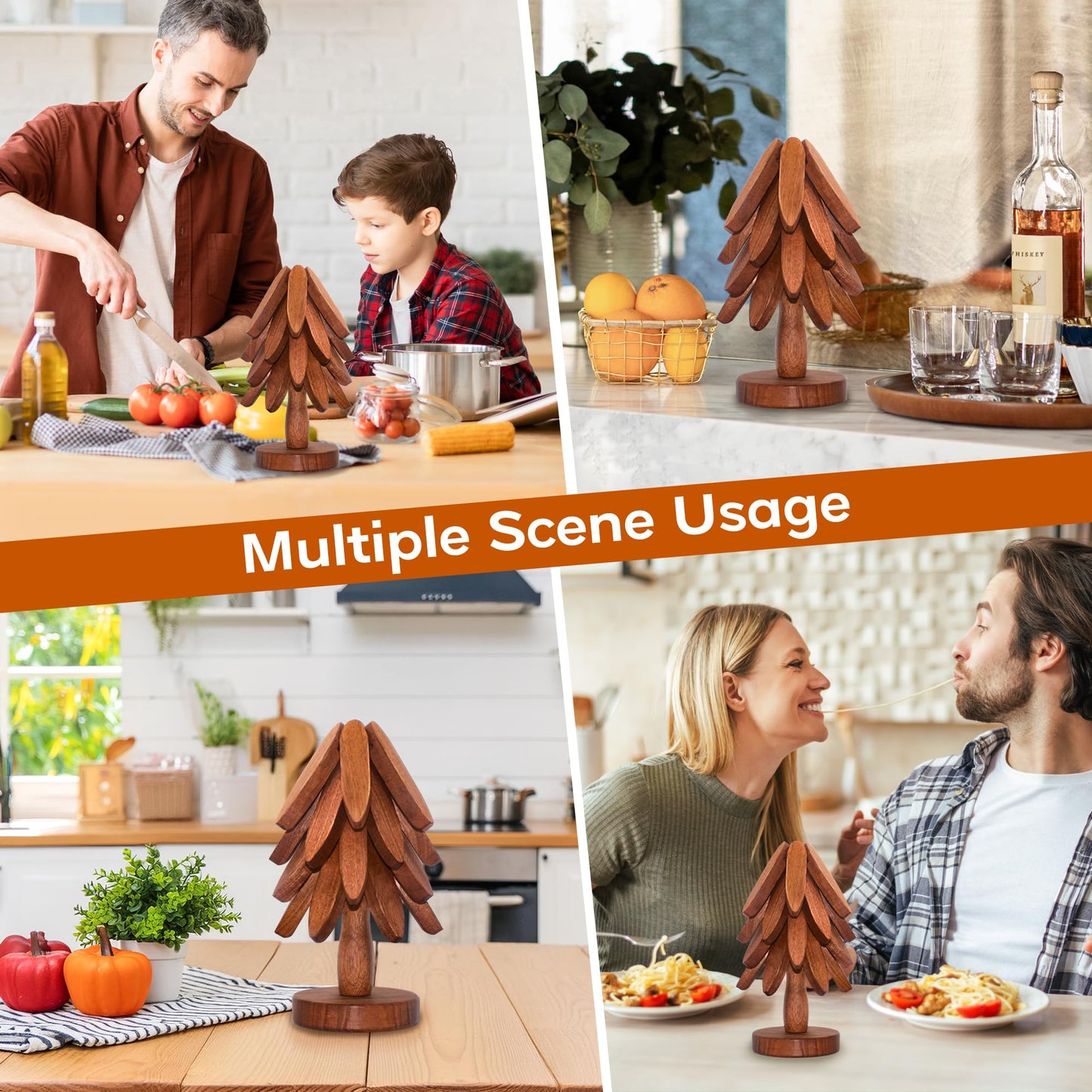 Wooden Trivets for Hot Dishes, Wooden Tree Trivet Set of 4 for Easy Storage - Suited for Hots, Pans/Bowl, Teapot, Hot Holders - Multifunctional Ornaments (Dark - 4 PCs)