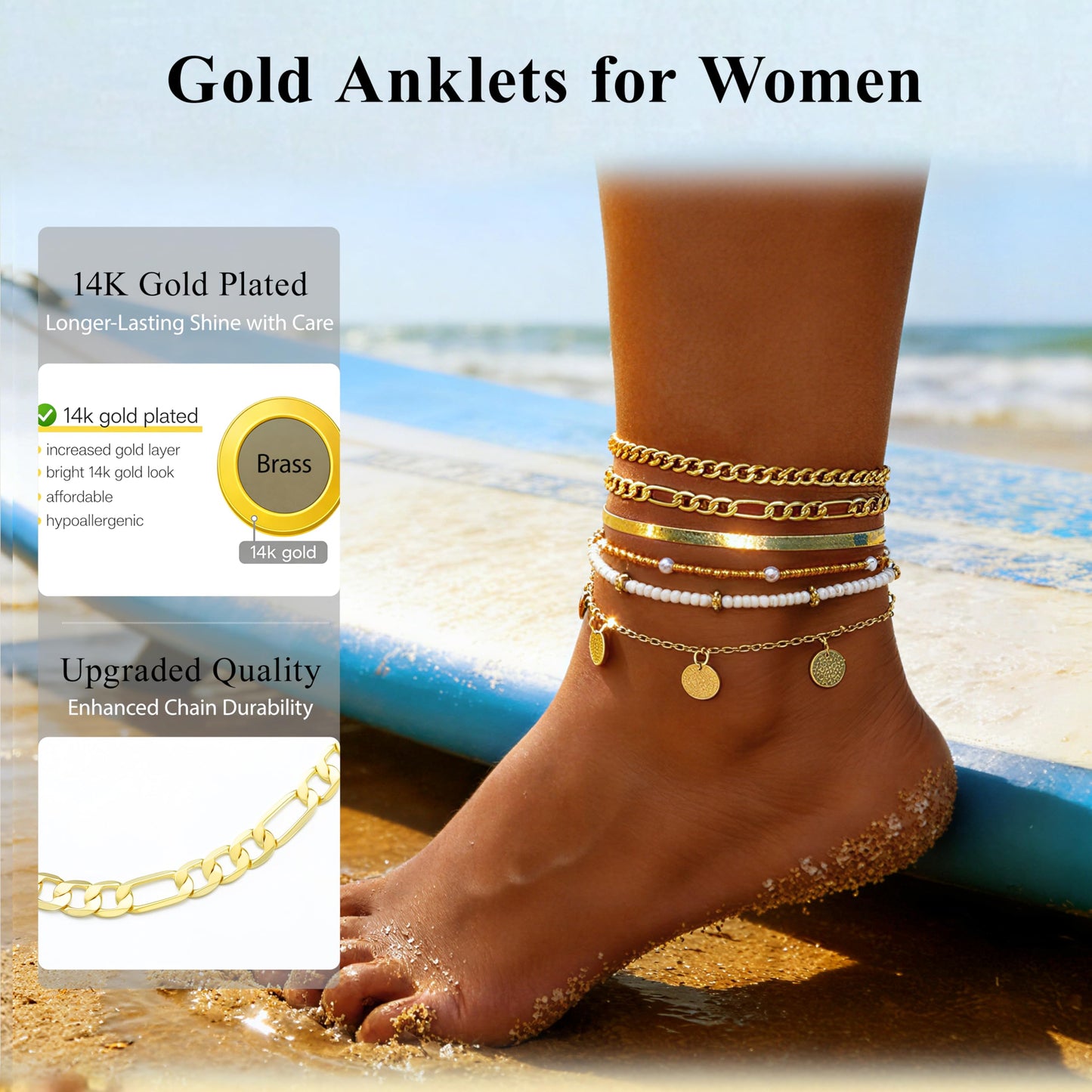 FAXHION Gold Ankle Bracelets for Women Waterproof, layered Coin Bead Cuban Link Chain Adjustable Anklets Set, Summer Boho Anklet Beach Jewelry Gift for Women