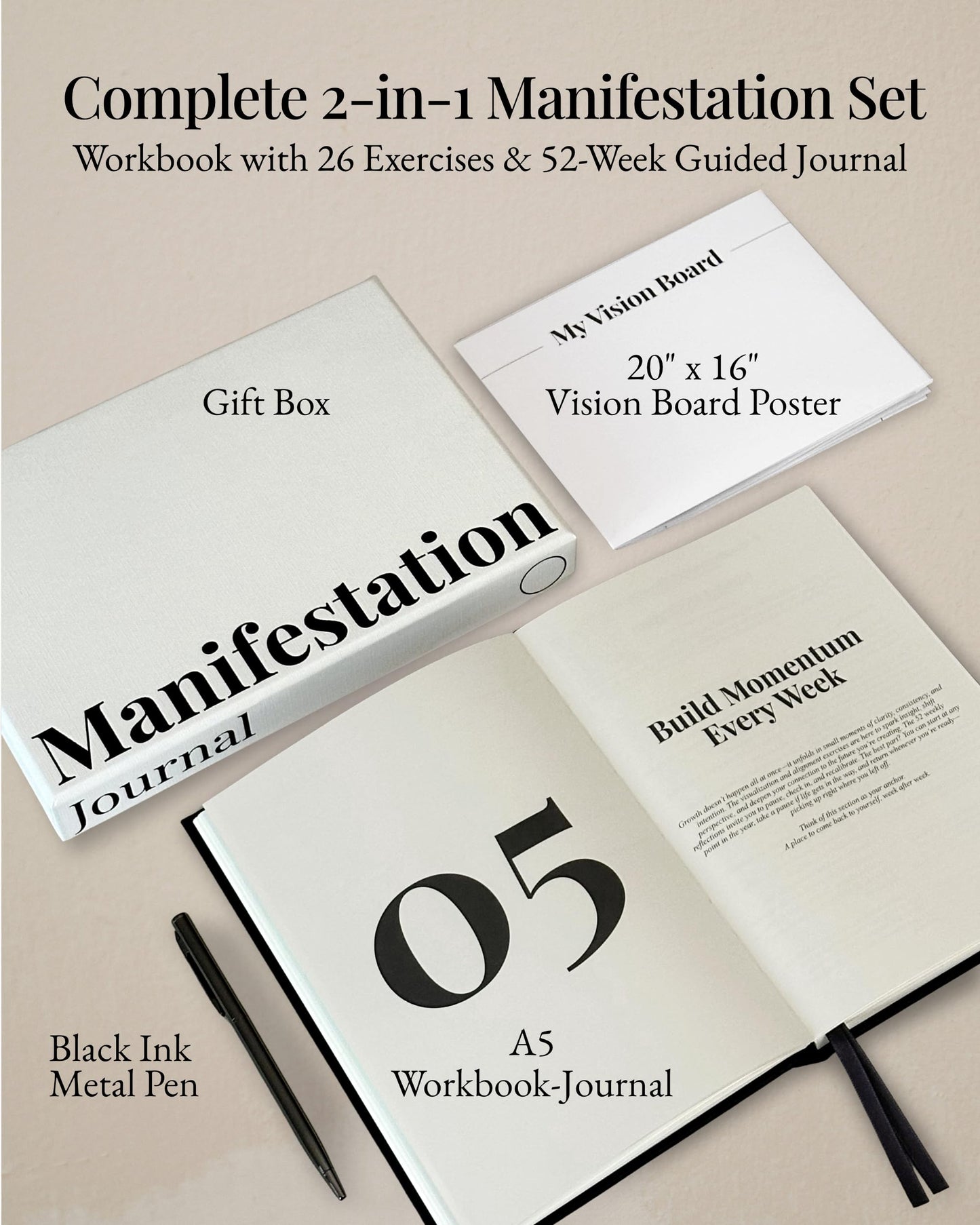 Manifestation Journal – 52-Week Undated Guided Law of Attraction Journal with Prompts, Habit Tracker, Vision Board, Goals & Reflection Tools | for Women & Men | Gift Box + Pen