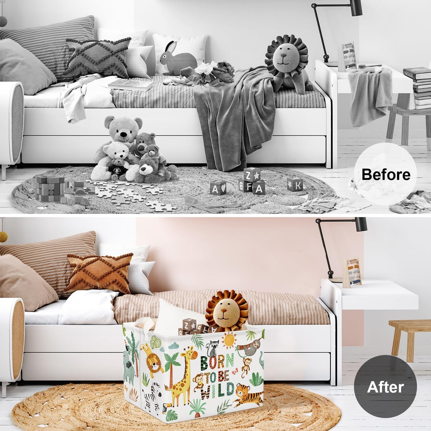 Clastyle 36L Boho Tropical Animal Tree Elephant Kid Storage Basket Rectangle Giraffe Lion Tiger Clothes Toy Nursery Bin Book Shelf Basket