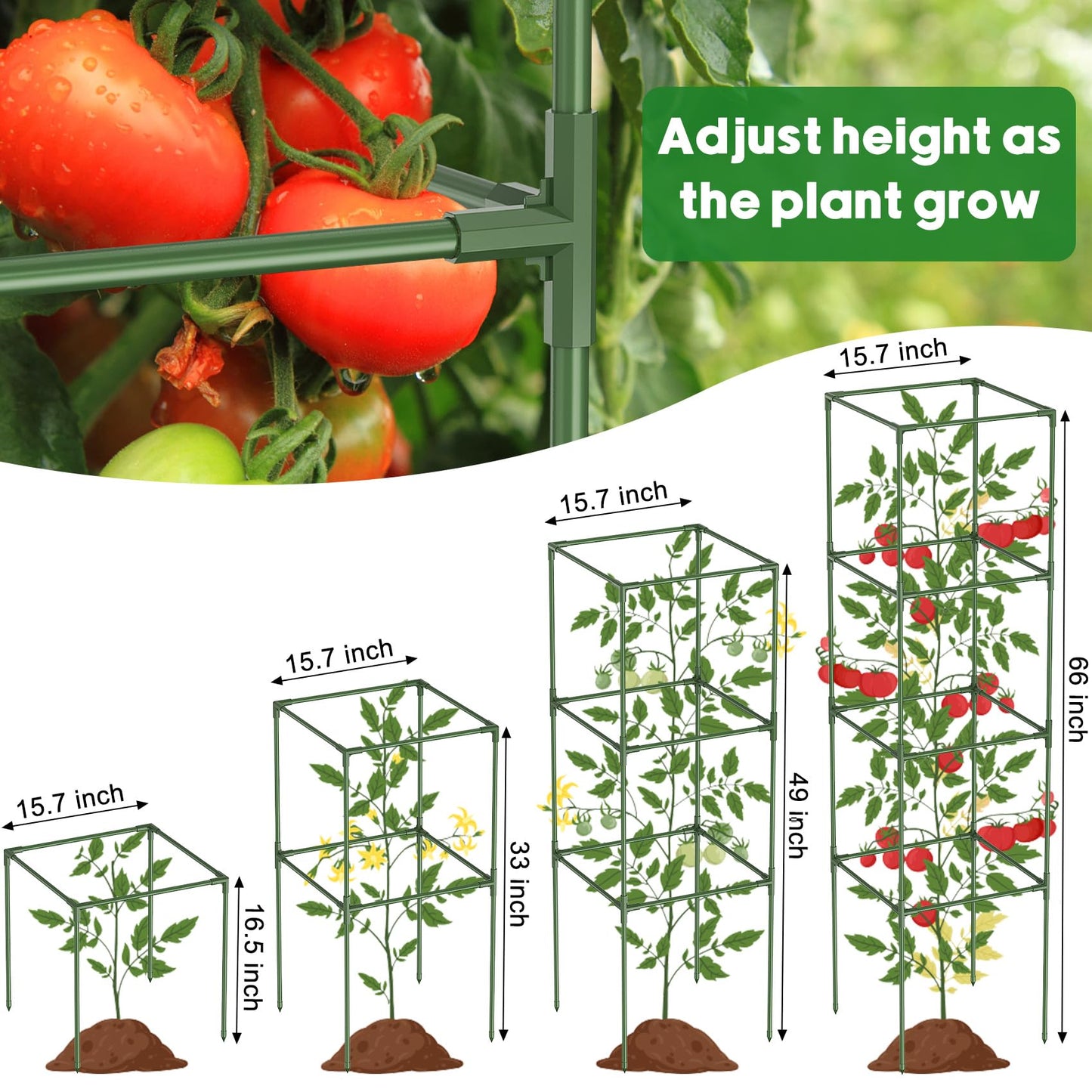 Unves 3 Pack Tomato Cage for Garden, 16" W x 66" H Square Tomato Trellis Plant Support Frame with 50 Pcs Plant Clips, Suitable for Climbing Vegetables, Flowers, and Fruits