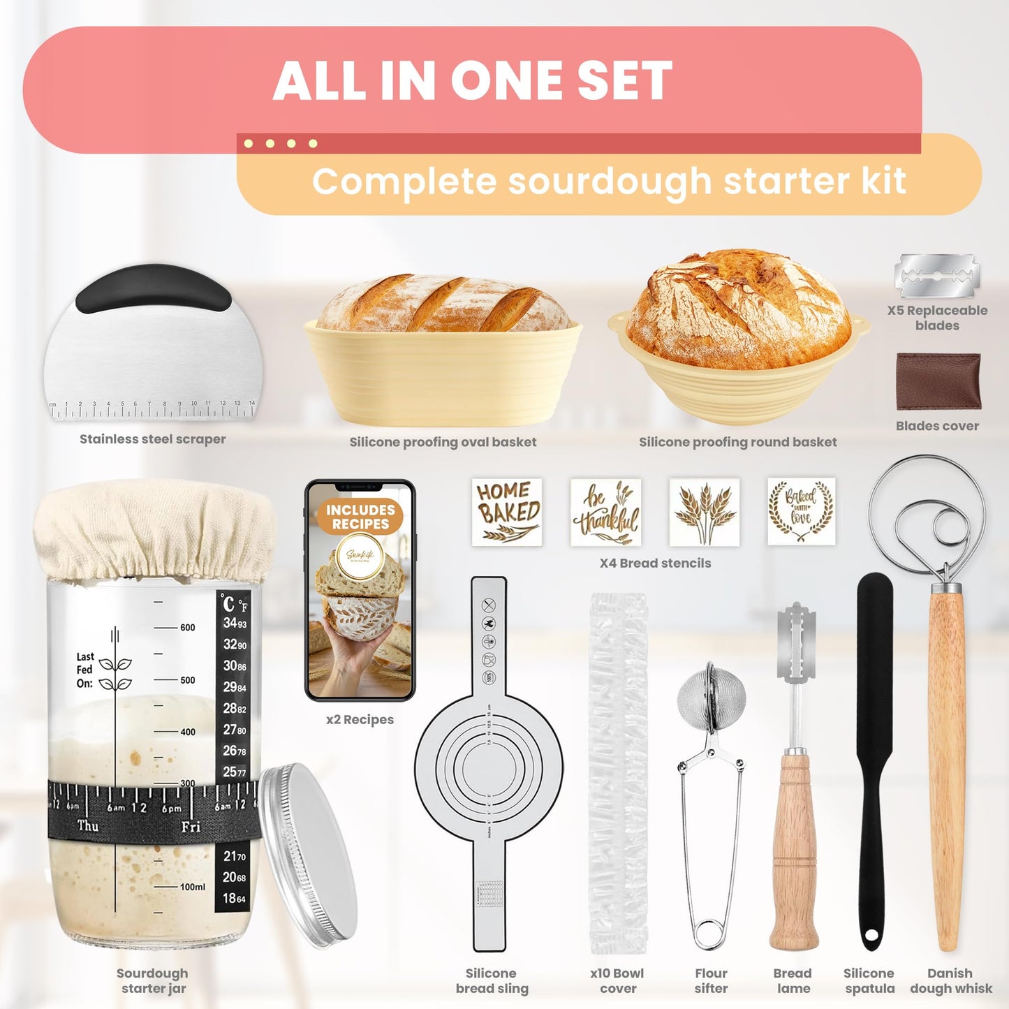 Complete Sourdough Starter Kit, Sourdough bread baking supplies, Great Gift Beginners Bread Makers 24oz Fermentation Jar 9" and 10" Silicone Banneton Bread Proofing Basket, sour dough Whisk,18 in 1