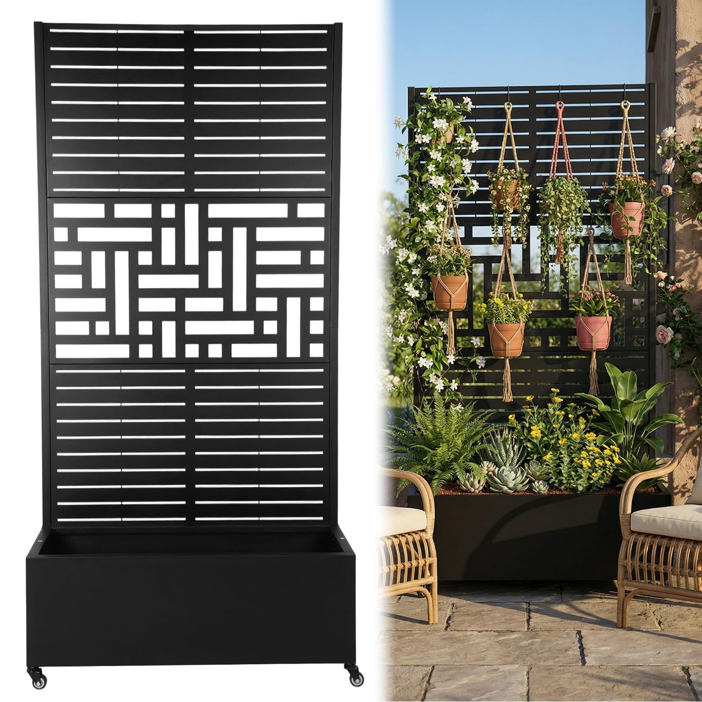 Metal Planter Box with Trellis Standing Planter Box for Climbing Plants/Vines Raised Garden Bed On Wheels 70.87x35.43x15.75 Inch