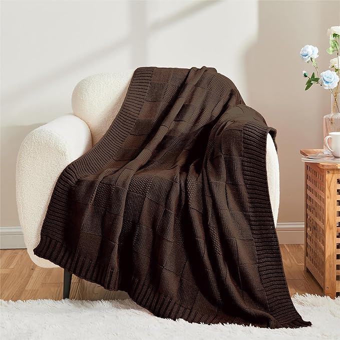 CozeCube Check Knit Throw Blanket, Dark Brown Checkered Throw for Couch, Decorative Christmas Soft Cozy Warm Knitted Blanket for Bed Sofa Living Room, 50"X60"