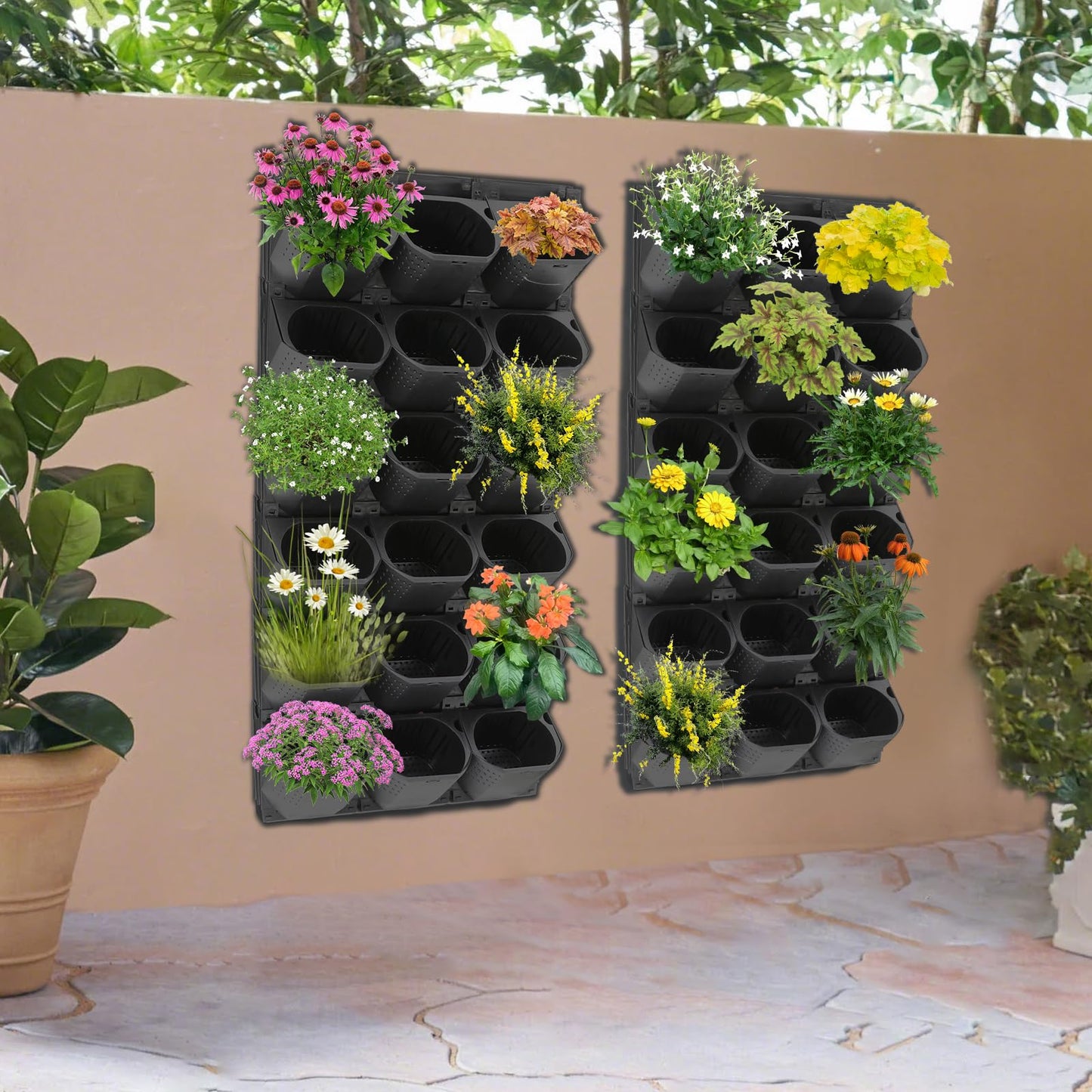 HAOREBAIYU Wall-Mounted Flower Pot Holder for Indoor Outdoor Use on Balcony, Patio, Garden (36-Slot Black)