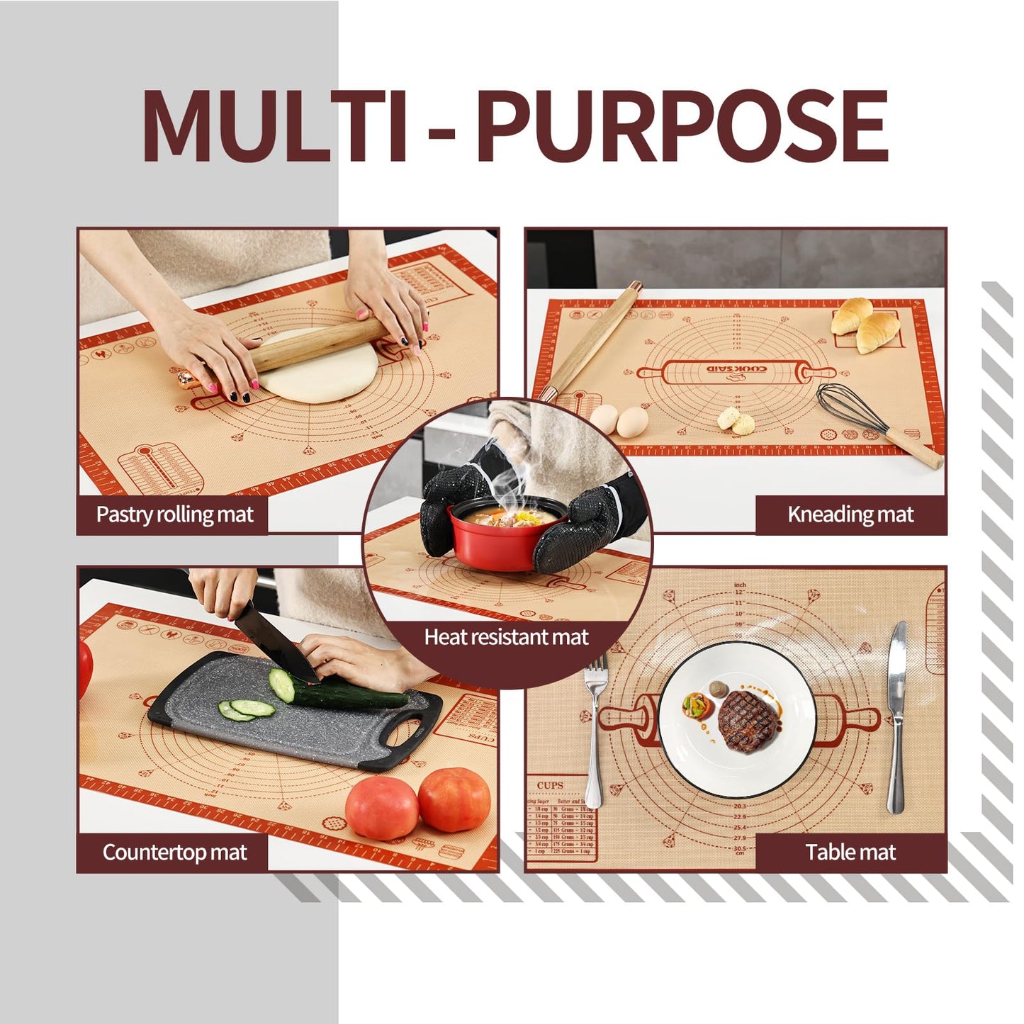 Cook's Aid Silicone Pastry Mat Extra Large with Measurements 26''x16'' for Reusable,Non-slip Silicone Baking Mat, Counter, Dough Rolling, Oven Liner,Fondant/Pie Crust, Red
