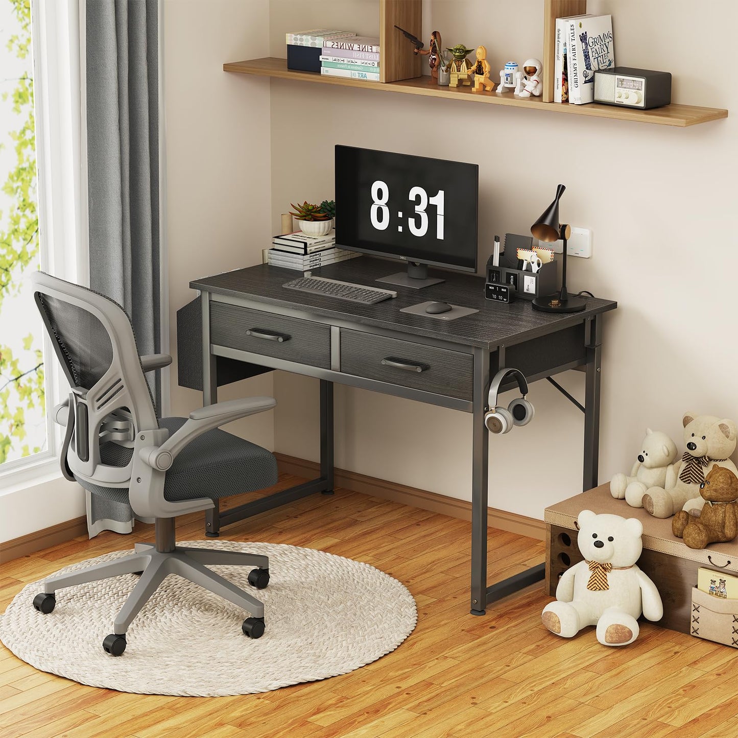 DLisiting Small Desk with Fabric Drawers for Bedroom, 32 Inch Gaming Desk with 2 Drawers for Small Space, Study Writing Table PC Desks, Black