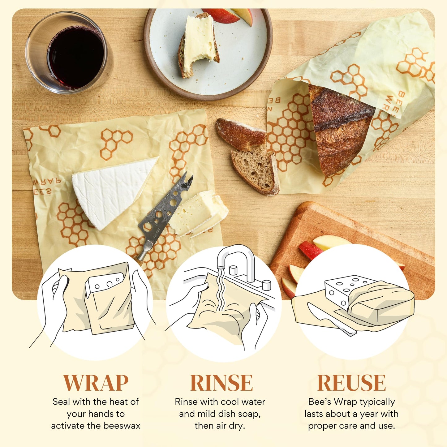 Bee's Wrap Beeswax Wraps for Bread - 2 Pack Beeswax Bread Wrap for Sourdough & Bread Storage - Plastic Free Made in USA Reusable Natural Food Wrap - & Honeycomb