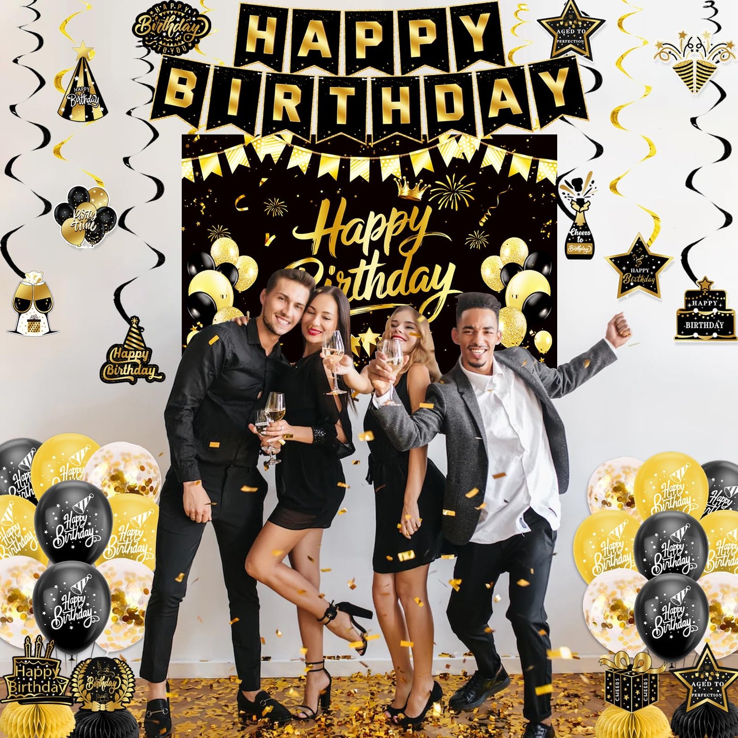 Black Gold Birthday Decorations for Men Women, Pre-Strung Happy Birthday Banner with Backdrop, Balloons,Honeycomb Centerpieces & Streamers Kit